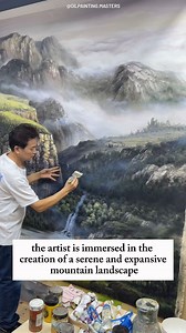 The artist skillfully brings this vast mountain landscape to life, blending layers of mist, vibrant foliage, and distant peaks to create a tranquil scene. Every brushstroke captures the depth and grandeur of the natural world, immersing the viewer in the peaceful beauty of the mountains. The interplay of light and shadow, combined with delicate details, adds a realistic yet dreamlike quality to the painting, making it feel as if the landscape could stretch on forever. This piece reflects a deep 