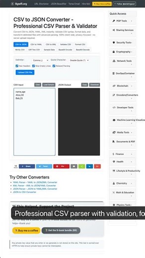 Free CSV to JSON Converter Online - CSV Parser & Validator Tool — in 30 seconds #Developers