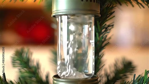 Vintage Christmas bubble light glows, capturing mesmerizing liquid boiling and bubbling within its classic glass tube.