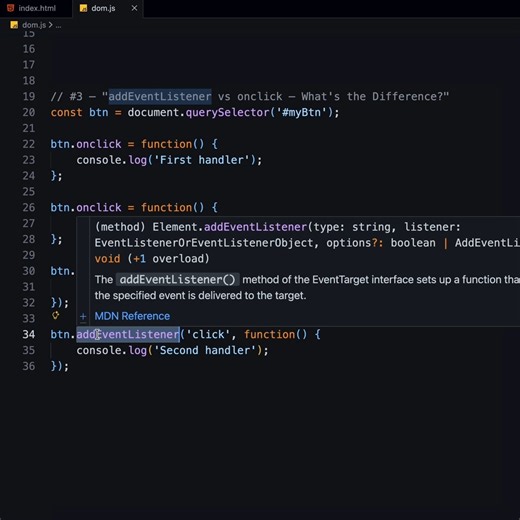 Three ways to handle a click in JavaScript. Two of them will quietly break your code. Here's what to use instead. #javascript #webdev #onclick #addeventlistener #learnjavascript | Fullstack Flow