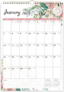 Calendar 2024-2024 Wall Calendar, 12 Monthly 2024 Calendar from Jan. 2024 - Dec. 2024, Wall Calendar 2024 With Twin-Wire Binding, 12" x 17", Hanging Hook + Julian Dates - Floral