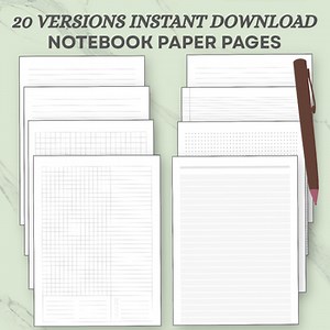 Notebook Paper Pages Printable, A4/A5/Letter, 20 versions Instant Download PDF