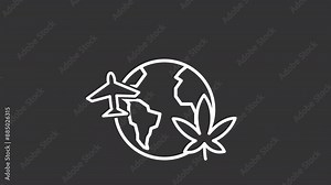 Weed tourism white line animation. Worldwide travel animated icon. Moving airplane. Floating cannabis leaf. Isolated illustration on dark background. Transition alpha video. Motion graphic