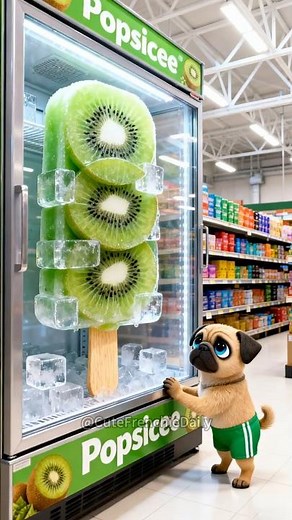 This cute pug has a sweet plan!🤫 He bought a giant kiwi popsicle... and shared it with everyone! 🐶🍡🤩