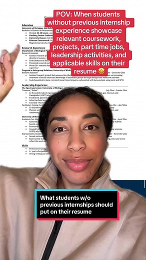 No previous internship experience? Don’t worry! Showcase the skills you have learned through courses, projects, part time work, leadership, volunteerism etc. You have applicable experiences 🙌 This example was from the University of Michigan’s career services. 🤩#universityrecruiter #internresume #studentresume #greenscreen