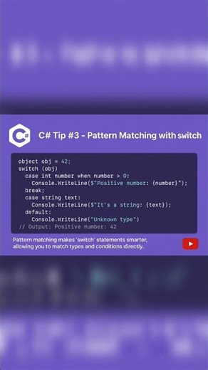 C# Tip #3 - Pattern Matching with switch #viral #youtubeshorts #shorts