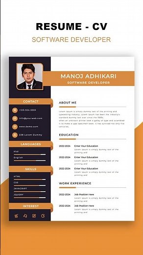 How to create the Resume CV design using HTML and CSS -- Resume Design -- CV Design short#shortsfeed