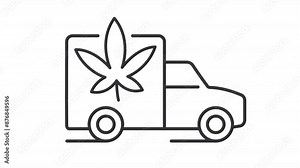 Cannabis transport line animation. Marijuana industry animated icon. Moving delivery truck. Medication availability. Black illustration on white background. HD video with alpha channel. Motion graphic Stock Video