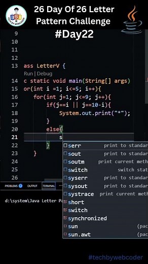 Day 22: How To Print V Alphabet Shape Using Star In java (For Beginner) || 26 Days of Code