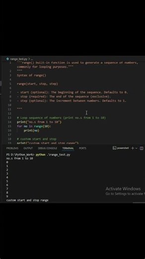 range in python to print sequence of numbers #python