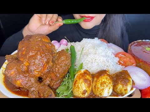 ASMR EATING SPICY WHOLE CHICKEN CURRY,EGG CURRY,BASMATHI RICE,GREEN CHILLI *FOOD VIDEOS*