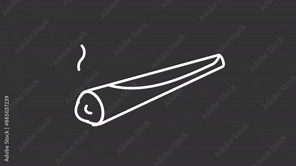 Weed blunt white line animation. Cannabis cigarettes animated icon. Smoking marijuana joint. Floating cigar. Isolated illustration on dark background. Transition alpha video. Motion graphic