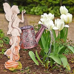 Fairy Garden Statues Outdoor Decor - 14" ，Fairy Statue with Solar Watering Can Lights with 7-Color Changing Lights 6 Strands 60 LEDs ，Decoration for Pathway, Lawn or Yard，Housewarming Gifts