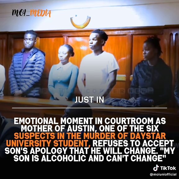 Emotional moment in courtroom as a Mother of Masinde Muliro university graduate, Austin who is one of the six suspects in the murder of Daystar University Student refuses to accept son's apology stating that her son is alcoholic and they have tried every means possible including rehabilitation to ensure he change but all have been in vain. #viralll #fypシ゚