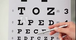 Doctor tests vision acuity using Snellen eye test chart Stock Video