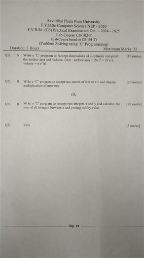 F.Y.B.Sc Computer Science Practical Exam CS-102P Paper Problem Solving using C Programming SPPU25-26