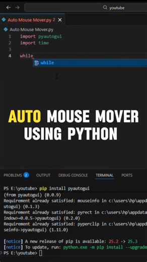 Crazy Auto Mouse Move Hack in Python | Must-Try Automation Trick 🤯Boost your Python skill with this crazy automation hack! In this video, you’ll learn how to make an Auto Mouse Mover using Python that keeps your PC active and moves the cursor automatically 🤖🔥 Perfect for beginners, automation lovers and students who want quick Python projects that look impressive in seconds. 📌 Library used: pyautogui 📌 Works on any PC 📌 Just copy, paste and run! Watch till the end for the full effect 👀 #P