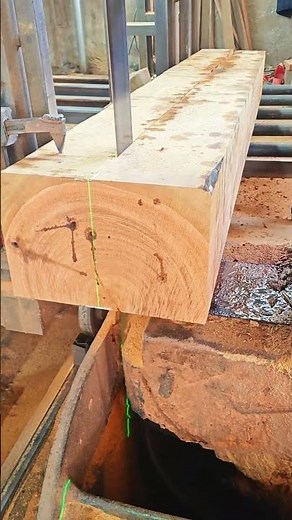 Precision Wood Sawing: Large Timber Log Split by Industrial Bandsaw