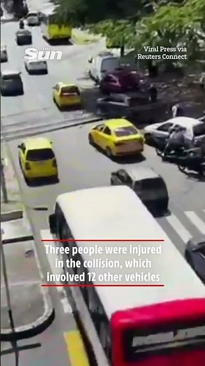 Moment lorry with no brakes smashes into moving bus #Colombia #carcrash