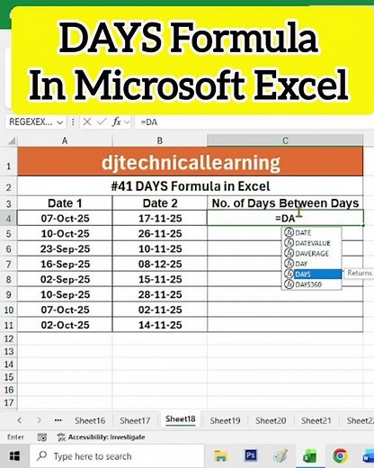 DAYS Formula in Excel | Ms Excel Tutorial for Beginners in Hindi | Deepak Jhanswa | #excel