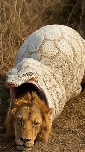 Unbelievable Moment! Giant Python Tries to Swallow a Lion 😱🐍🦁 #Wildlife #Nature