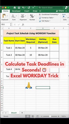 Quick Task Scheduling with WORKDAY! in Excel: Excel Function #excel #excelshorts