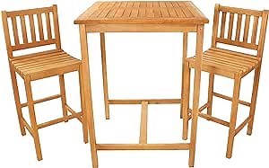 Sunnydaze 3-Piece Teak Wood Bar-Height Patio Table Set - Outdoor Bar Table and Chairs - for Balcony, Home Bar, or Deck