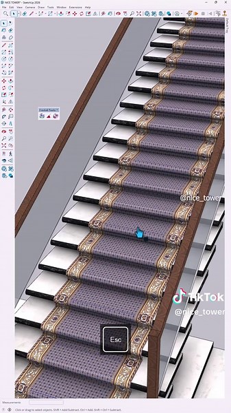 Carpet Design on Stairs 👌 Learn how to design a realistic carpet pattern on a staircase — step by step in SketchUp using Frodo Tools! 😍 . . #SketchUp #carpetdesign #InteriorDesign #Architecture #nicetower
