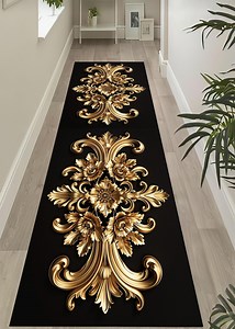 Gold Floral Black Runner Rug: Anti-slip Hallway Entry Rug - Etsy