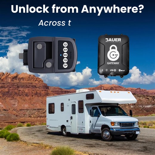 Bauer Gateway = True Remote Access. Built-in LTE connects your SmartLock to your phone so you can lock, unlock, and monitor your RV from anywhere—no WiFi, no limits. | Bauer Products