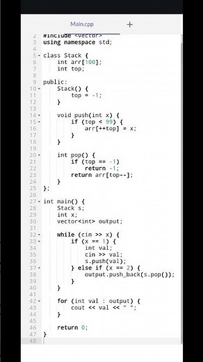 C++ Program to Implement Stack using Array with Query-Based Input | Push & Pop Operations