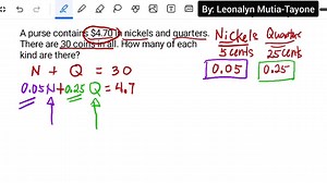 13K views · 274 reactions | A purse contains $4.70 in nickels and quarters. There are 30 coins in all. How many of each kind are there? | Free Reviewers with Leonalyn | Facebook