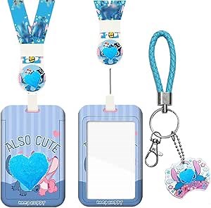 ZOSTLAND Cute Blue ET Monster Baby ID Badge Holder with Retractable Lanyard and Short Leather Rope Cartoon Keychain for Teacher Students Nurse Teens Office Worker (Alien-Love)
