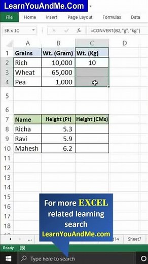 Convert function in Excel | Kg to gram , Meter to Kilometers, Inch to CM in Excel #msexcel