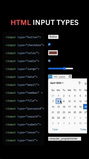 All HTML Input Types Explained in 60 Seconds 🔥 | Web Dev Essentials 🚀 #HTML #shorts