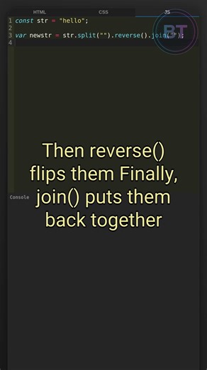 JavaScript has no reverse string function… but this trick works. #coding