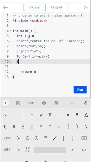 C Programming Pattern | Number Pattern Program in C | Pattern Printing Tutorial Beginners #ytshorts