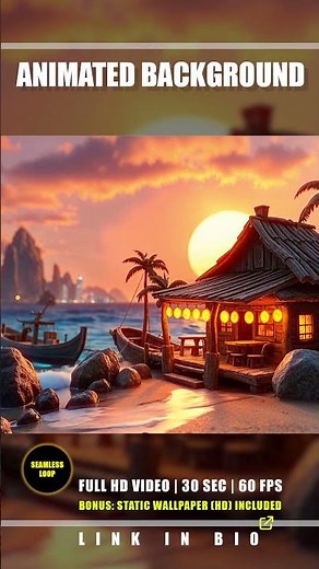 Animated Background | Tropical Fishing Village Sunset 01 | Vibrant Sunset Beach Glowing Ocean Loop