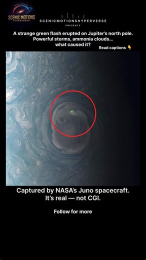 ScenicMotions Hyperverse on Instagram: "On December 30, 2020, NASA’s Juno spacecraft captured a rare green lightning flash near Jupiter’s north pole. ⚡🟢 Unlike Earth, where lightning forms in water clouds near the equator, Jupiter’s storms happen deep inside ammonia-water clouds, creating flashes far more powerful than anything we’ve ever seen. This isn’t CGI — it’s real science captured from space! 🌌 What do you think causes these alien lightning storms? Comment below! ⸻ #JupiterLightning #NA