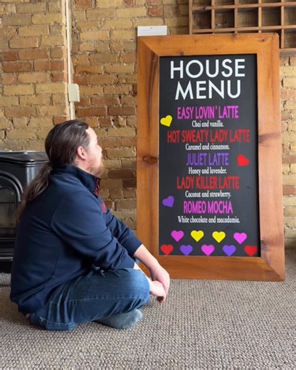 🥰☕️ Our new Valentine’s House Menu is just so easy to love, and Ian is making sure it knows! We think you’ll love it too! Stop in and sip on these seasonal drinks soon. #New #Coffee #Latte #Mocha #JavaRiver | Java River Coffee Shop