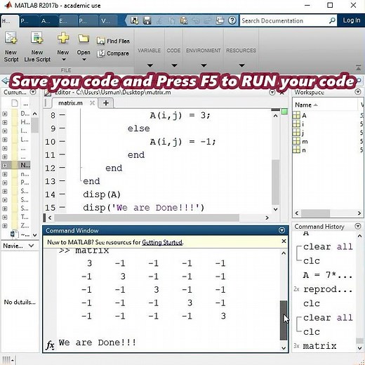 How to create Matrix in MATLAB using for loop & if-else statement | #forloop #matlab #shorts