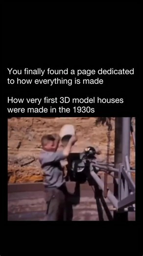 How Everything Is Made on Instagram: "In the 1930s, a few pioneering builders experimented with houses constructed by machines that poured concrete in continuous, layered forms — functioning almost like an early precursor to modern 3D printing. Instead of stacking bricks or erecting wooden frames, these systems used slip-form or contour-crafting–style rigs that traveled along rails, shaping walls directly on-site as they deposited wet concrete. This technique made it possible to create flowing c