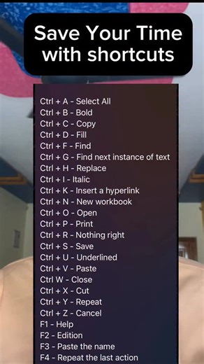 HARISH on Instagram: "📌Save Your👇time with Short Cuts👇Follow @harish.vibes_ #laptop #Ctrl + A - Select All Ctrl + B - Bold Ctrl + C - Copy Ctrl + D - Fill Ctrl + F - Find Ctrl + G - Find next instance of text Ctrl + H - Replace Ctrl + I - Italic Ctrl + K - Insert a hyperlink Ctrl + N - New workbook Ctrl + O - Open Ctrl + P - Print Ctrl + R - Nothing right Ctrl + S - Save Ctrl + U - Underlined Ctrl + V - Paste Ctrl W - Close Ctrl + X - Cut Ctrl + Y - Repeat Ctrl + Z - Cancel F1 - Help F2 - Edi
