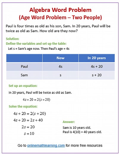 Grade 9 Algebra Word Problems (video lessons, worksheets, examples, solutions)
