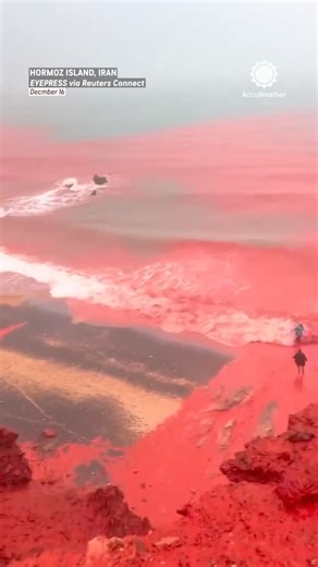 AccuWeather on Instagram: "You've gotta see this incredible phenomenon on Hormuz Island in Iran, rain mixes with iron oxide in the soil, and the runoff turns the ocean tide bright red."