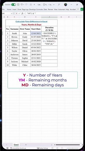 Calculate Time Difference in Excel - Years, Months & Days