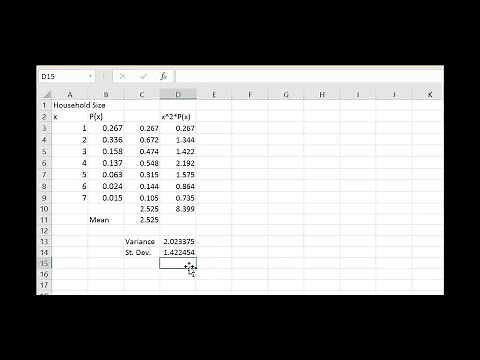 Mean Variance and Standard Deviation for a Discrete Probability Table using Excel