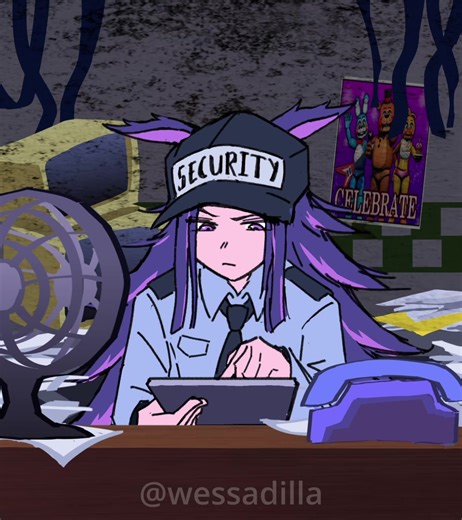 Fenomeno Works as a Security Guard Probably my most elaborate animation shpost ive ever made 😹 Sorry if the art looks chopped i drew it all during ARTBLOCK. ☠️ Anyway this took a while to make so saves/shares are super appreciated 🙏 On to some fun facts of the behind the scenes process - im aware that Withered Bonnie (which is what Dream Journey was based on) cant be deterred by flashing the light (what Feno was trying to do), but i couldnt come up with any way to include