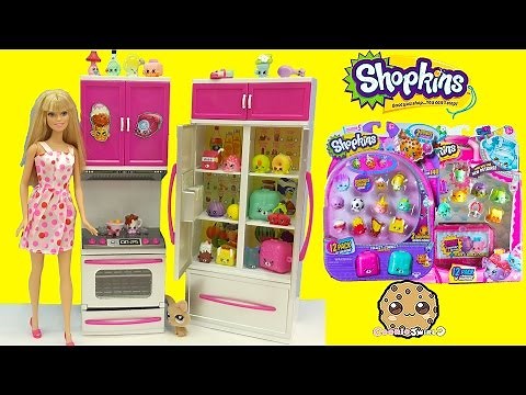 Shopkins Season 5 + 4 Unboxing with Surprise Blind Bags in Barbie Fridge - Cookieswirlc