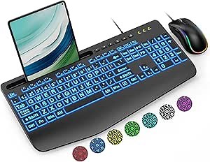 Wired Keyboard Mouse Combo - Large Print Backlit, Ergonomic Wrist Rest, 6 DPI RGB for PC/Windows - Ideal for Seniors, Students, Office and Home SABLUTE